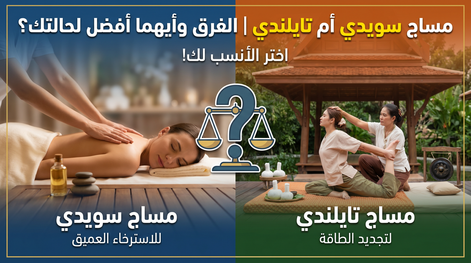 مقارنة بين تقنيات المساج السويدي والتايلندي للاسترخاء وعلاج العضلات.
